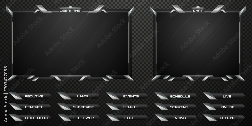 Futuristic Stream Overlay Black and Silver Border Webcam Frame and Stream Alert Screen GUI Panels for Gaming and Video Streaming Platforms - obrazy, fototapety, plakaty 