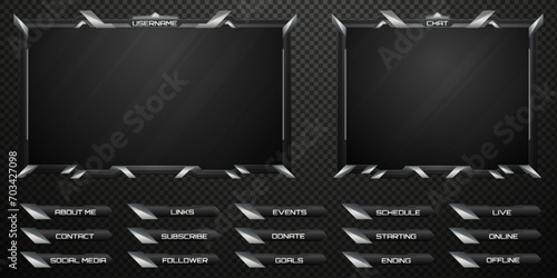 Futuristic Stream Overlay Black and Silver Border Webcam Frame and Stream Alert Screen GUI Panels for Gaming and Video Streaming Platforms