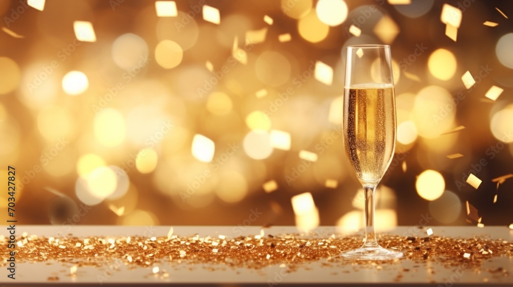 a champagne bottle adorned with confetti stars, bokeh decoration, and party streamers on an opulent golden background a champagne bottle adorned with confetti stars, bokeh decoration, and party streamers on an opulent golden background