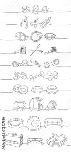 Pet supplies set. Chew toy, ball toys, medal, scissor, nail clippers, fur remover, aquarium, backpack carrier, tape measure leash, portable water bowl