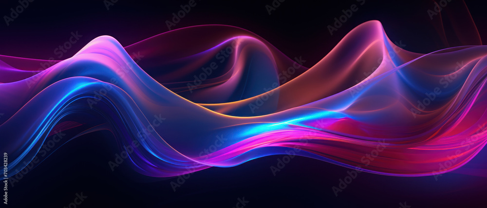 Glowing neon waves in red and violet bring a sense of motion and energy. Glowing neon waves in red and violet bring a sense of motion and energy.