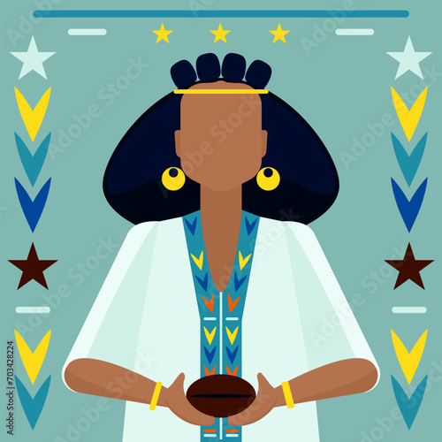 an abstract image of an Ethiopian woman in a light outfit holding a coffee bean on a grey and turquoise background