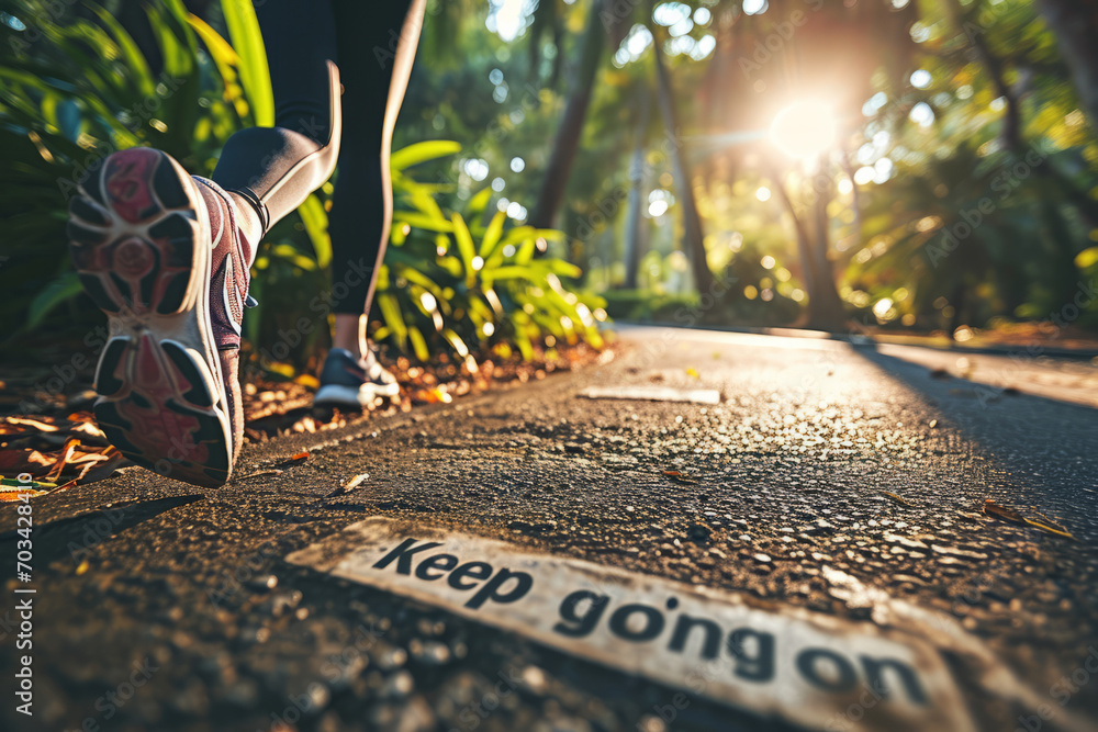Keep going on concept image with sign with written words keep going on and person running on the park path , motivation and encouragement background - obrazy, fototapety, plakaty 