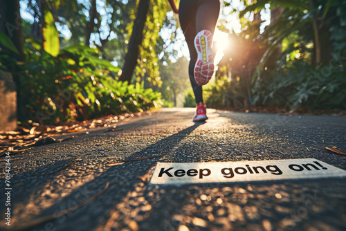 Keep going on concept image with sign with written words keep going on and person running on the park path , motivation and encouragement background
