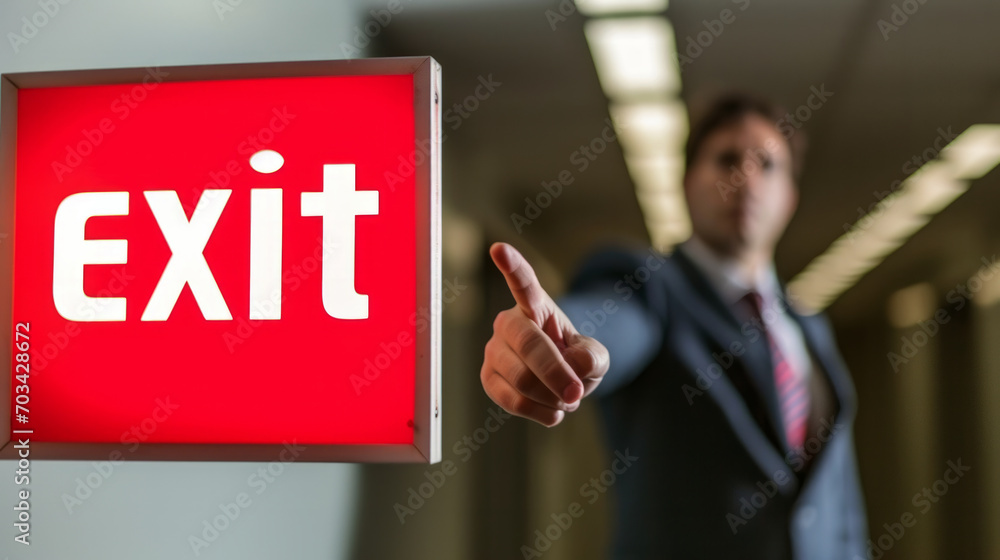 Fired or dismiss concept image with man manager in suit pointing the exit sign at office to fire his team employees Fired or dismiss concept image with man manager in suit pointing the exit sign at office to fire his team employees
