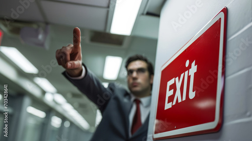 Fired or dismiss concept image with man manager in suit pointing the exit sign at office to fire his team employees photo