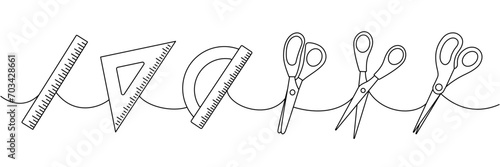 Set of school supplies. Back to school one line continuous drawing. Scissors, Ruler scale, protractor and triangle ruler, measuring tool
