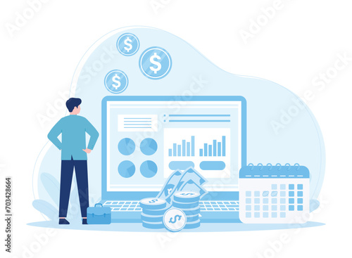 analysts prepare monthly reports. calendar chart concept flat illustration