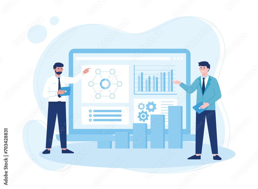 two businessman showing graph. stock financial trading market diagram. concept flat illustration two businessman showing graph. stock financial trading market diagram. concept flat illustration