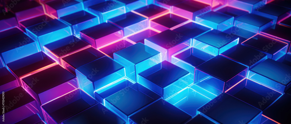 Obraz premium Bright neon elements and 3D cubes create a modern, tech-savvy atmosphere.