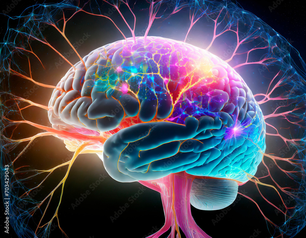 Close-up of a human brain stylized with multicolored neurons, glowing impulses and electric lines on black background. Creative freedom idea, minimal composition and copy space. 