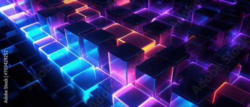 Bright neon elements and 3D cubes create a modern  tech-savvy atmosphere.