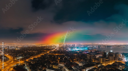 A neon rainbow illuminating the night sky above a cityscape