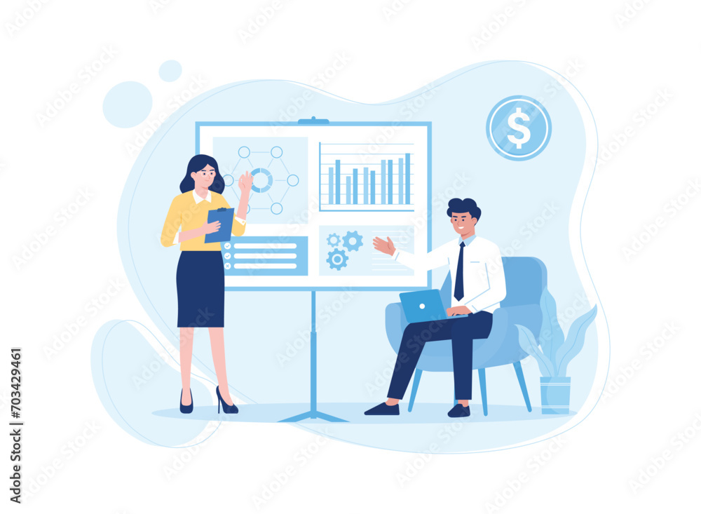 businessman showing graph. stock financial trading market diagram. concept flat illustration businessman showing graph. stock financial trading market diagram. concept flat illustration