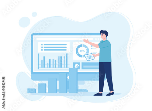 businessman showing graph. stock financial trading market diagram. concept flat illustration