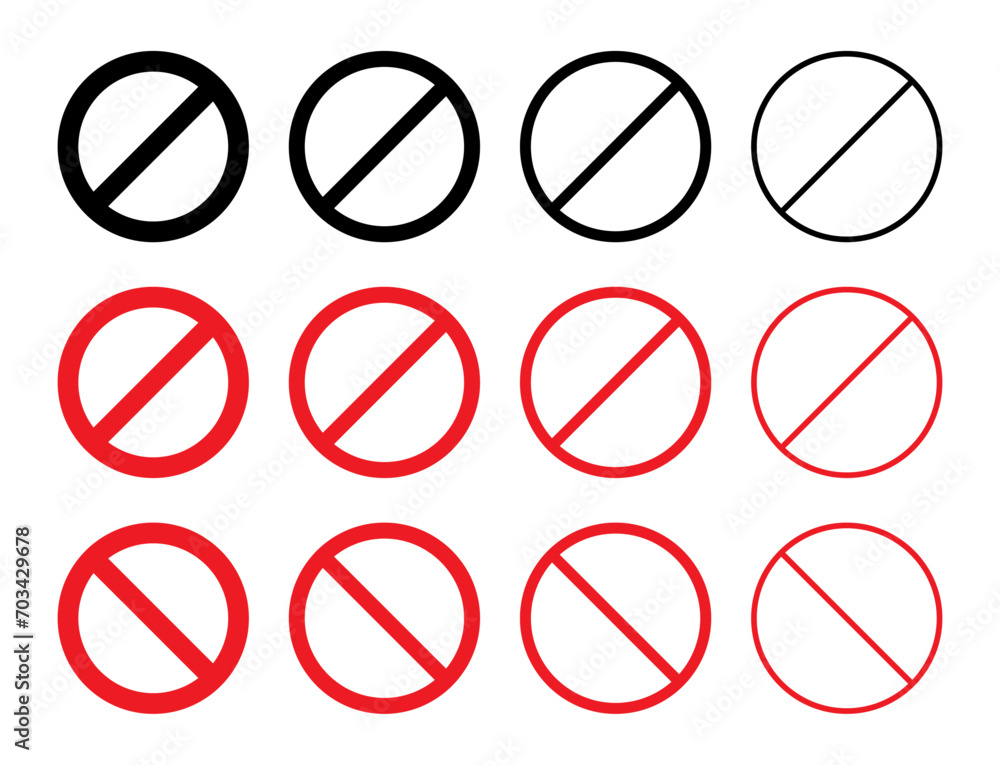 Set of ban symbol in black and red color. Stop, ban, forbidden signs. Red no or prohibited symbol flat style. Vector illustration Set of ban symbol in black and red color. Stop, ban, forbidden signs. Red no or prohibited symbol flat style. Vector illustration