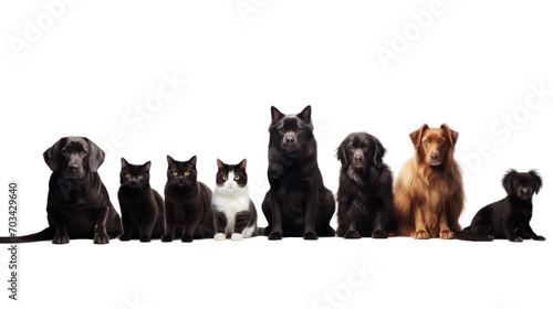 Large group of cats together in a row looking at the camera isolated on transparent and white background.PNG image.