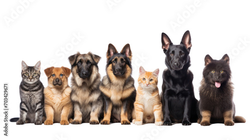 Large group of cats together in a row looking at the camera isolated on transparent and white background.PNG image.