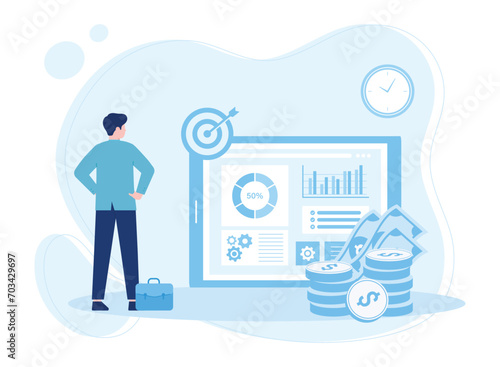 business plan or statistics on screen. time or money management  budget planning. businessstrategy concept flat illustration