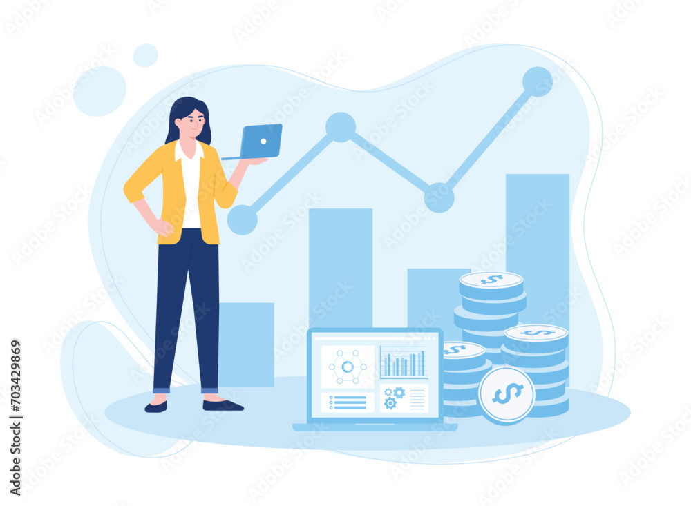 businesswoman standing with laptop concept of progress business growth development concept flat illustration businesswoman standing with laptop concept of progress business growth development concept flat illustration