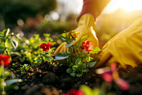 closeup of gardener hands with yellow gloves planting spring pansy flowers in garden flower bed soil photo