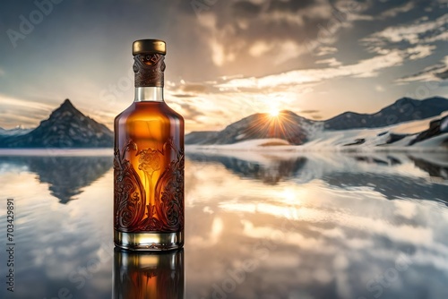 premium liquor decanter , precious ornamented bottle of whisky in the scottish loch