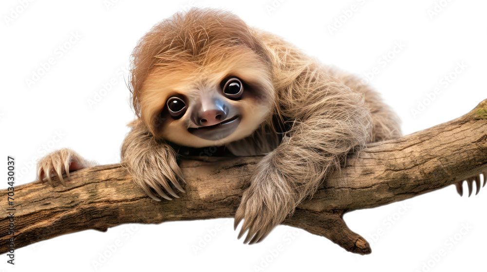 Fototapeta premium sloth hanging on tree branch isolated on white background. 