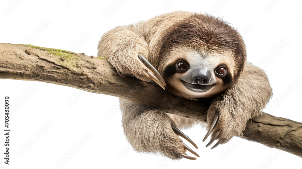 Fototapeta premium sloth hanging on tree branch isolated on white background.