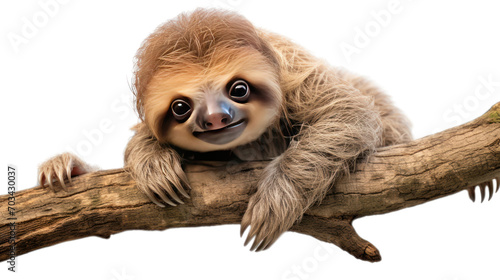 sloth hanging on tree branch isolated on white background.  photo