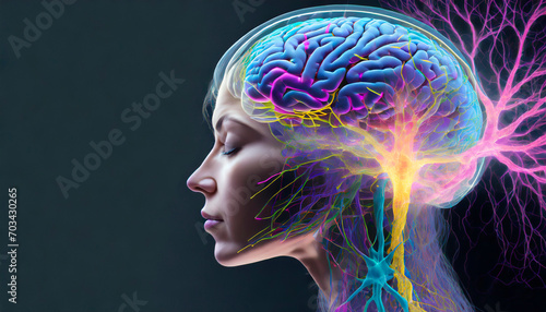 Close up of a human brain stylized with multicolored neurons, glowing impulses and electric lines on black background. Creative freedom idea, minimal composition and copy space.
