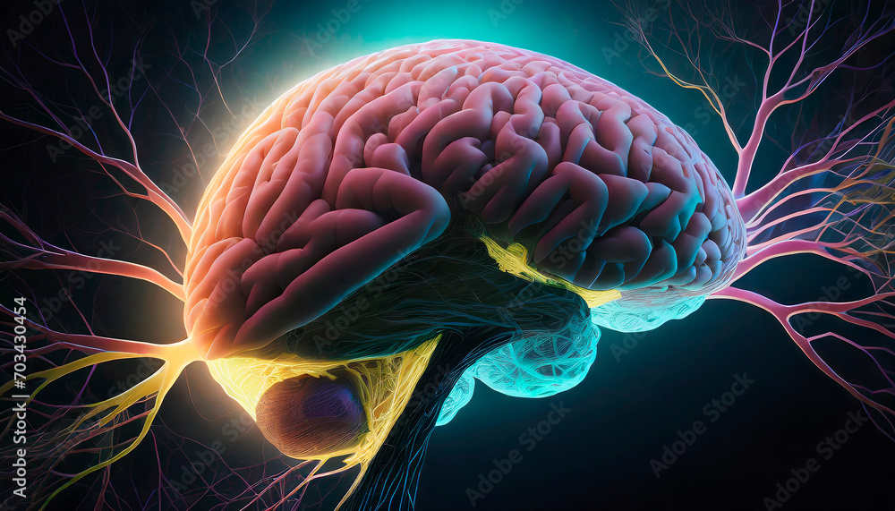 Close up of a human brain stylized with multicolored neurons, glowing impulses and electric lines on black background. Creative freedom idea, minimal composition and copy space. Close up of a human brain stylized with multicolored neurons, glowing impulses and electric lines on black background. Creative freedom idea, minimal composition and copy space.