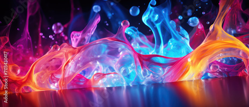 A mesmerizing abstract composition featuring fluorescent waves of blue, red, and purple colors.