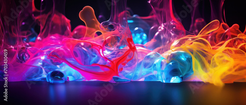 A mesmerizing abstract composition featuring fluorescent waves of blue, red, and purple colors.