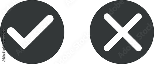 Set of flat round check mark, exclamation point, X mark icons, buttons isolated on a white background. EPS10 vector file photo