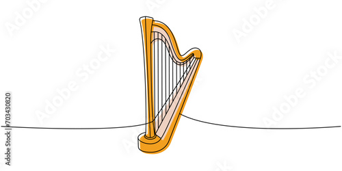 Lyre, wooden harp, string instrument one line colored continuous drawing. Musical instruments continuous one line illustration. Vector illustration