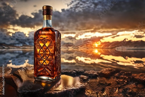 classy and expensive ornamented bottle of whiskey , scottish highlands fjords landscapes background photo