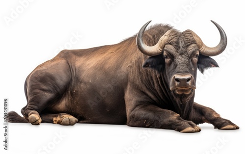 African Buffalo sleeping, looking at the camera on isolated white background.