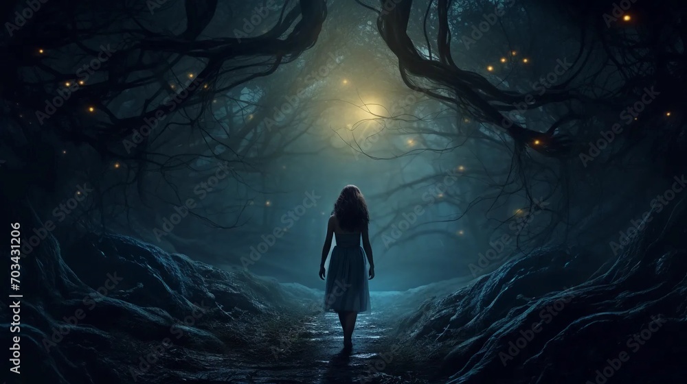 A girl entering a magical forest, a silhouette of a woman in a scary forest