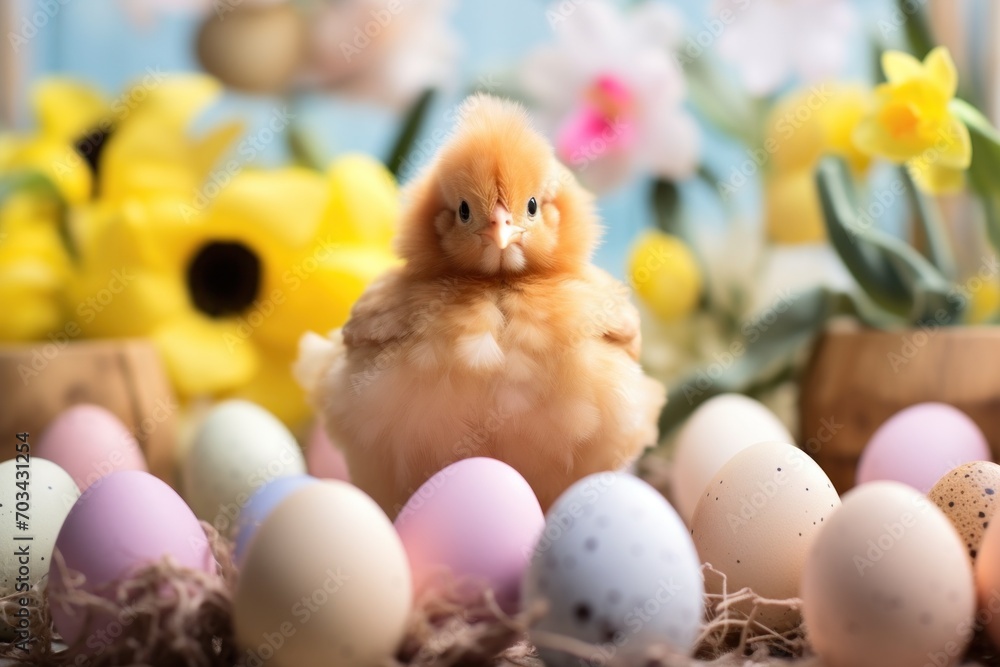 A fluffy chick sits among pastel-colored Easter eggs, surrounded by the bright yellows of spring daffodils 