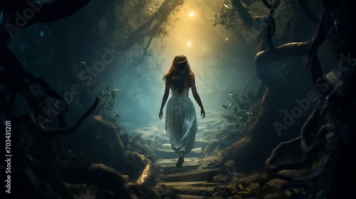 A girl entering a magical forest, a silhouette of a woman in a scary forest