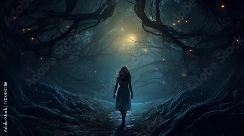 A girl entering a magical forest, a silhouette of a woman in a scary forest © PhotoHunter