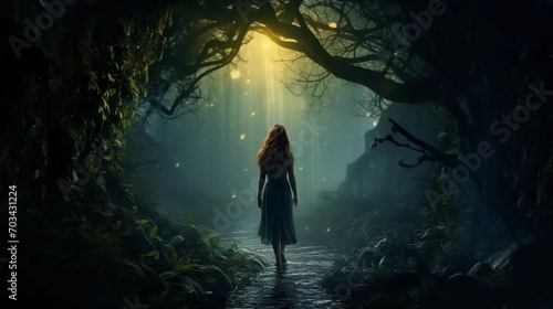 A girl entering a magical forest, a silhouette of a woman in a scary forest photo
