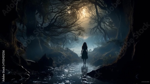 A girl entering a magical forest, a silhouette of a woman in a scary forest photo