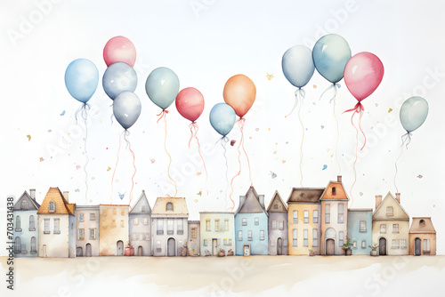 Colorful balloons float over  streets of a fairytale town watercolor illustration photo