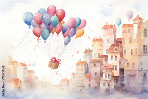 Colorful balloons float over streets of a fairytale town watercolor illustration