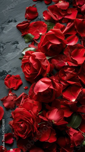 Red rose petals scattered on a flat surface  romantic and delicate  Valentine s Day themes