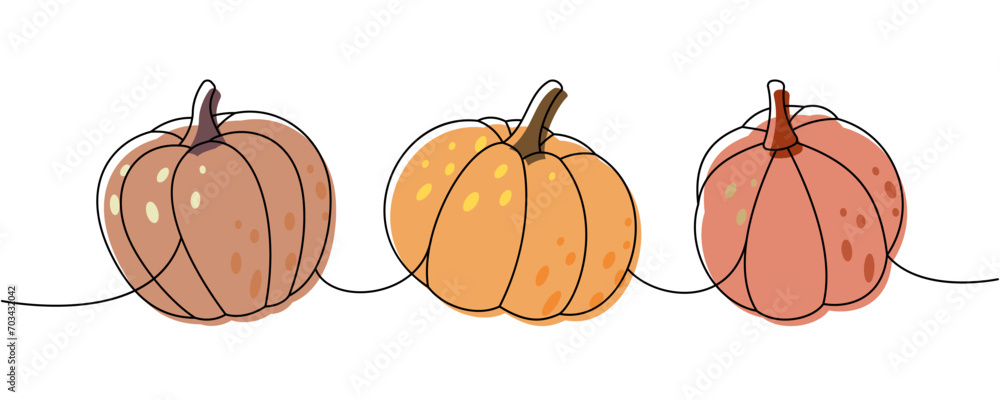 Halloween pumpkins. Set of pumpkins one line colored continuous drawing. Autumn halloween vegetables continuous one line illustration.