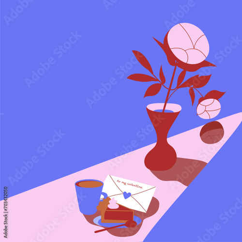 still life with a glass of coffee and a bouquet