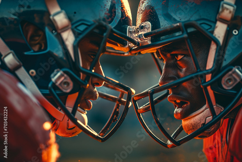 Super bowl, Intense Closeup of Two Football Players with Touching Helmets in a Heated Face-Off