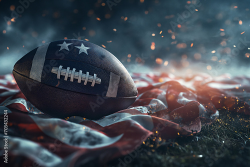 super bowl, American Football Poster with Metallic Texture and Luminous Objects on Field, Featuring Flag and Victory